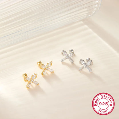 1 Pair Ig Style Commute Shiny Bow Knot Plating Inlay Sterling Silver Zircon 18k Gold Plated White Gold Plated Ear Studs