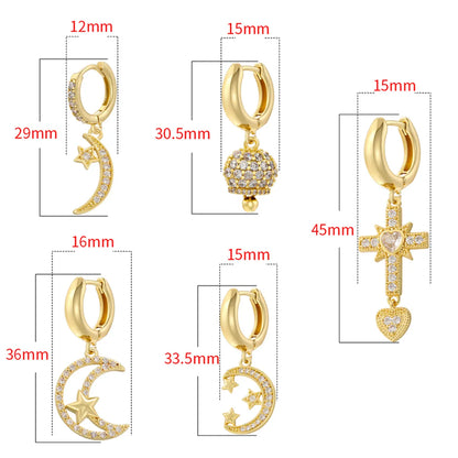 1 Pair Ig Style Cross Moon Bell Plating Inlay Copper Zircon Hoop Earrings