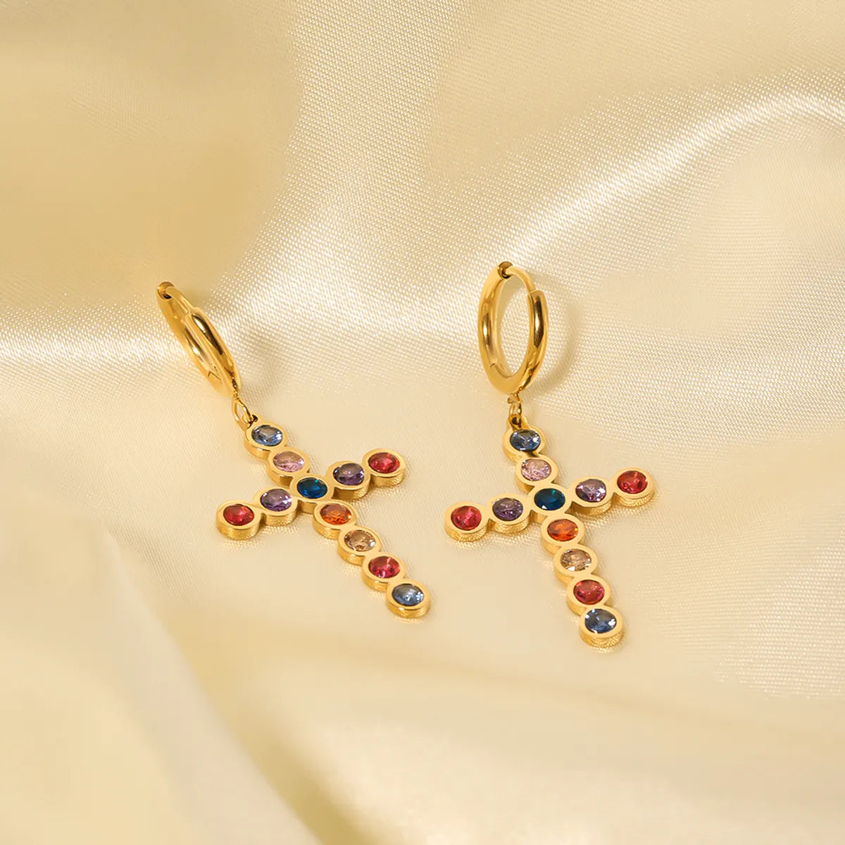 1 Pair Ig Style Cross Plating Inlay Stainless Steel Rhinestones 18k Gold Plated Drop Earrings