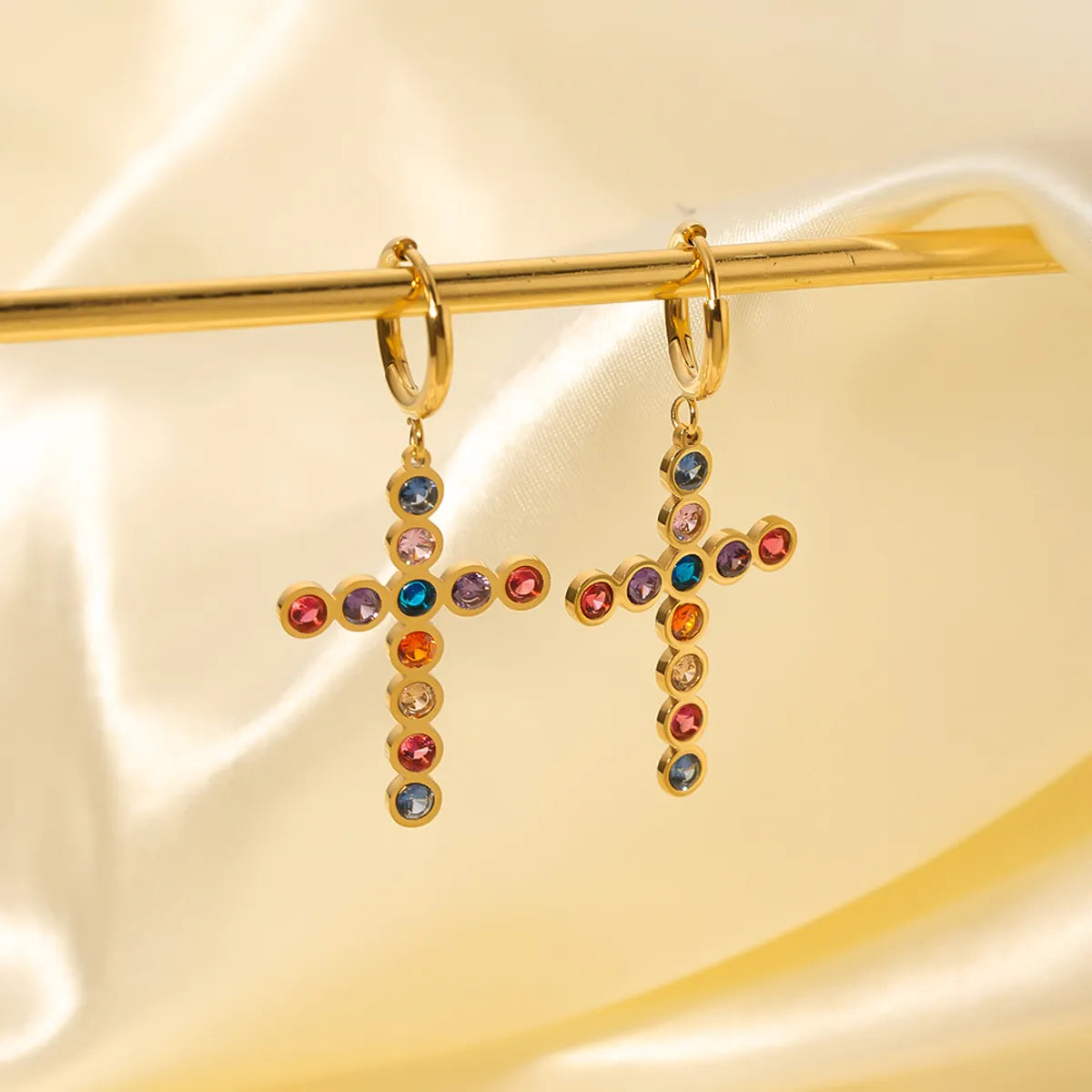 1 Pair Ig Style Cross Plating Inlay Stainless Steel Rhinestones 18k Gold Plated Drop Earrings