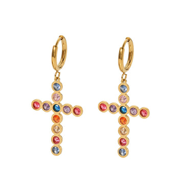 1 Pair Ig Style Cross Plating Inlay Stainless Steel Rhinestones 18k Gold Plated Drop Earrings