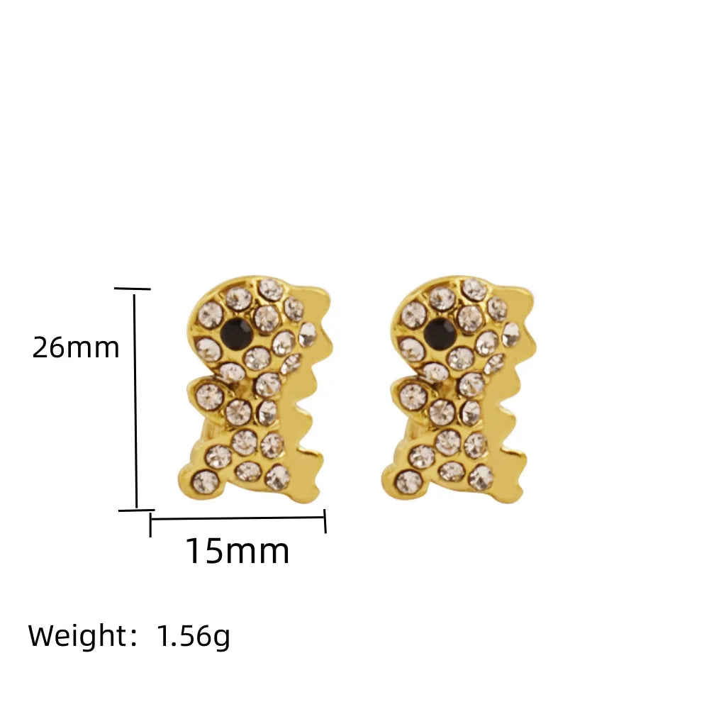 1 Pair IG Style Cute Dinosaur Inlay 304 Stainless Steel Rhinestones 18K Gold Plated Ear Studs