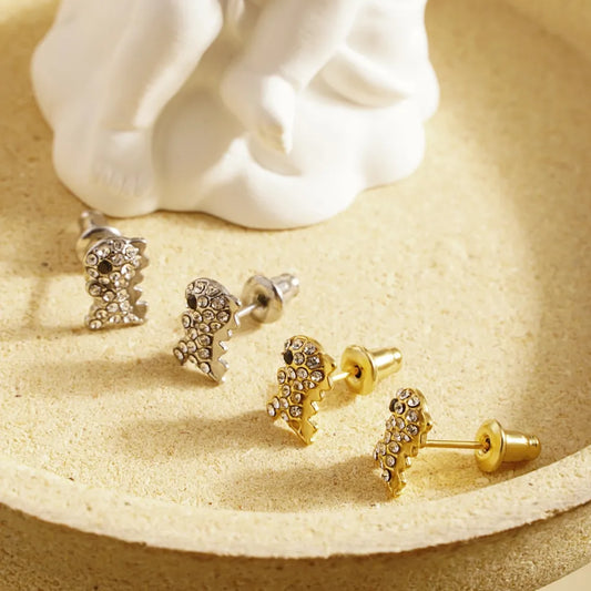 1 Pair IG Style Cute Dinosaur Inlay 304 Stainless Steel Rhinestones 18K Gold Plated Ear Studs