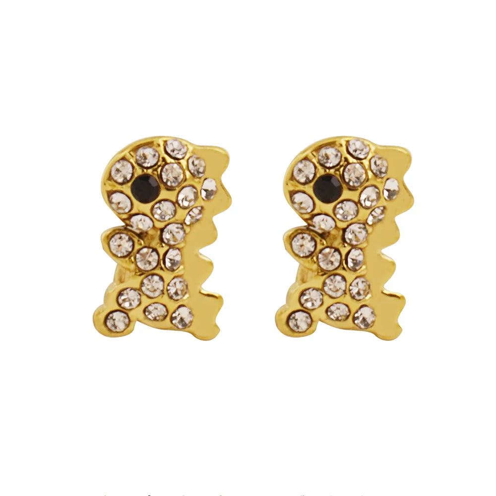 1 Pair IG Style Cute Dinosaur Inlay 304 Stainless Steel Rhinestones 18K Gold Plated Ear Studs