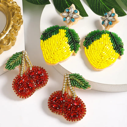 1 Pair IG Style Cute Handmade Lemon Cherry Beaded Handmade Inlay Plastic Cloth Rhinestones Drop Earrings