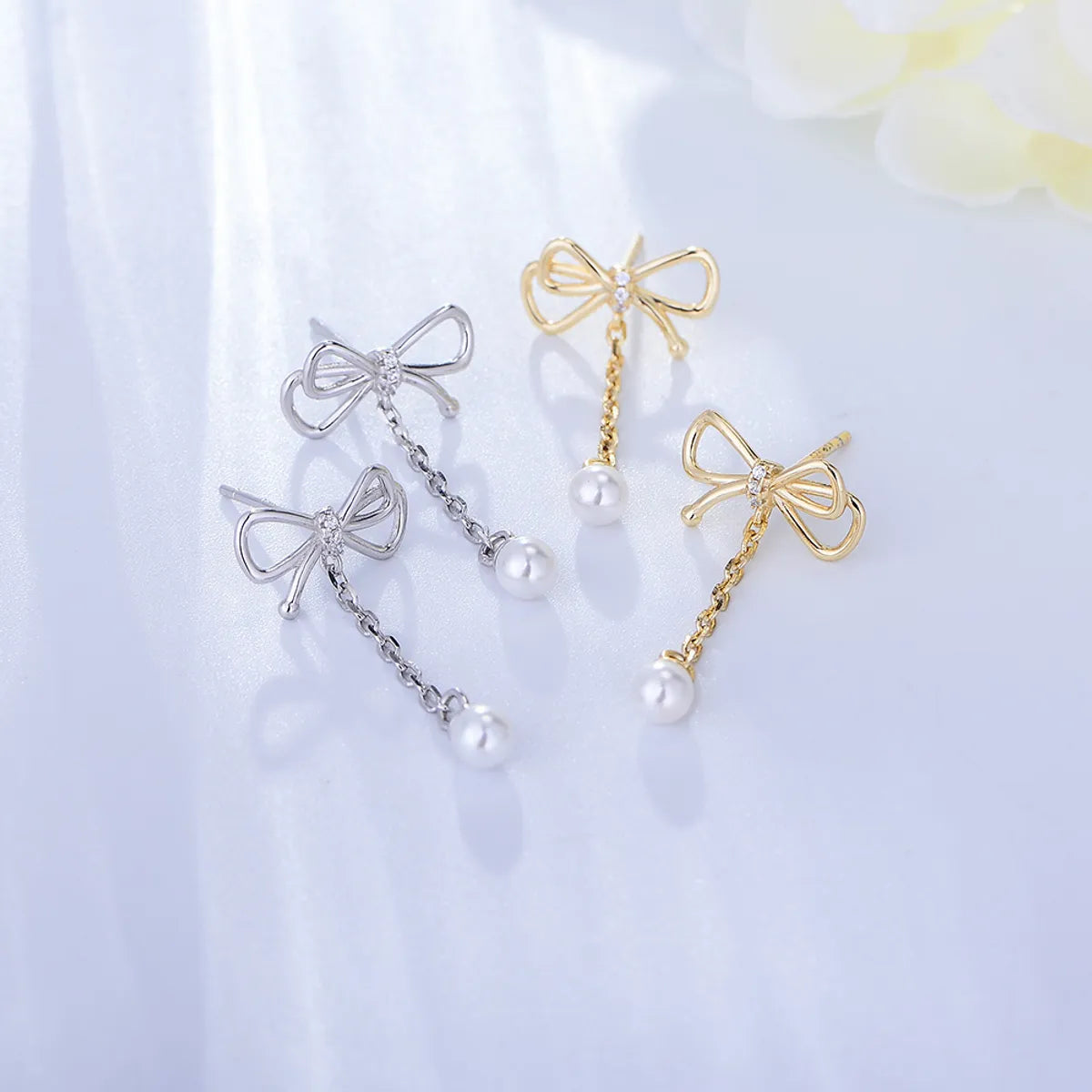 1 Pair Ig Style Cute Sweet Bow Knot Plating Sterling Silver 14k Gold Plated Rhodium Plated Drop Earrings