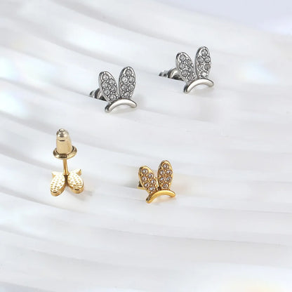 1 Pair IG Style Cute Sweet Bunny Ears Dinosaur Cat Inlay 304 Stainless Steel Rhinestones 18K Gold Plated Ear Studs