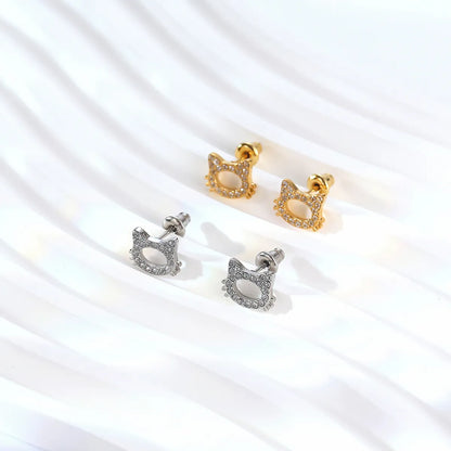 1 Pair IG Style Cute Sweet Bunny Ears Dinosaur Cat Inlay 304 Stainless Steel Rhinestones 18K Gold Plated Ear Studs