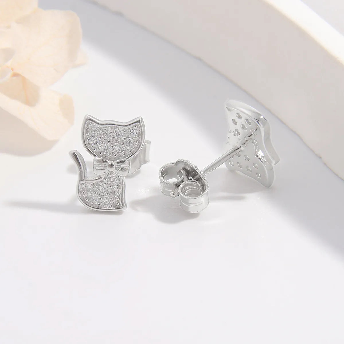 1 Pair Ig Style Elegant Cute Cat Plating Inlay Sterling Silver Zircon White Gold Plated Rhodium Plated Ear Studs