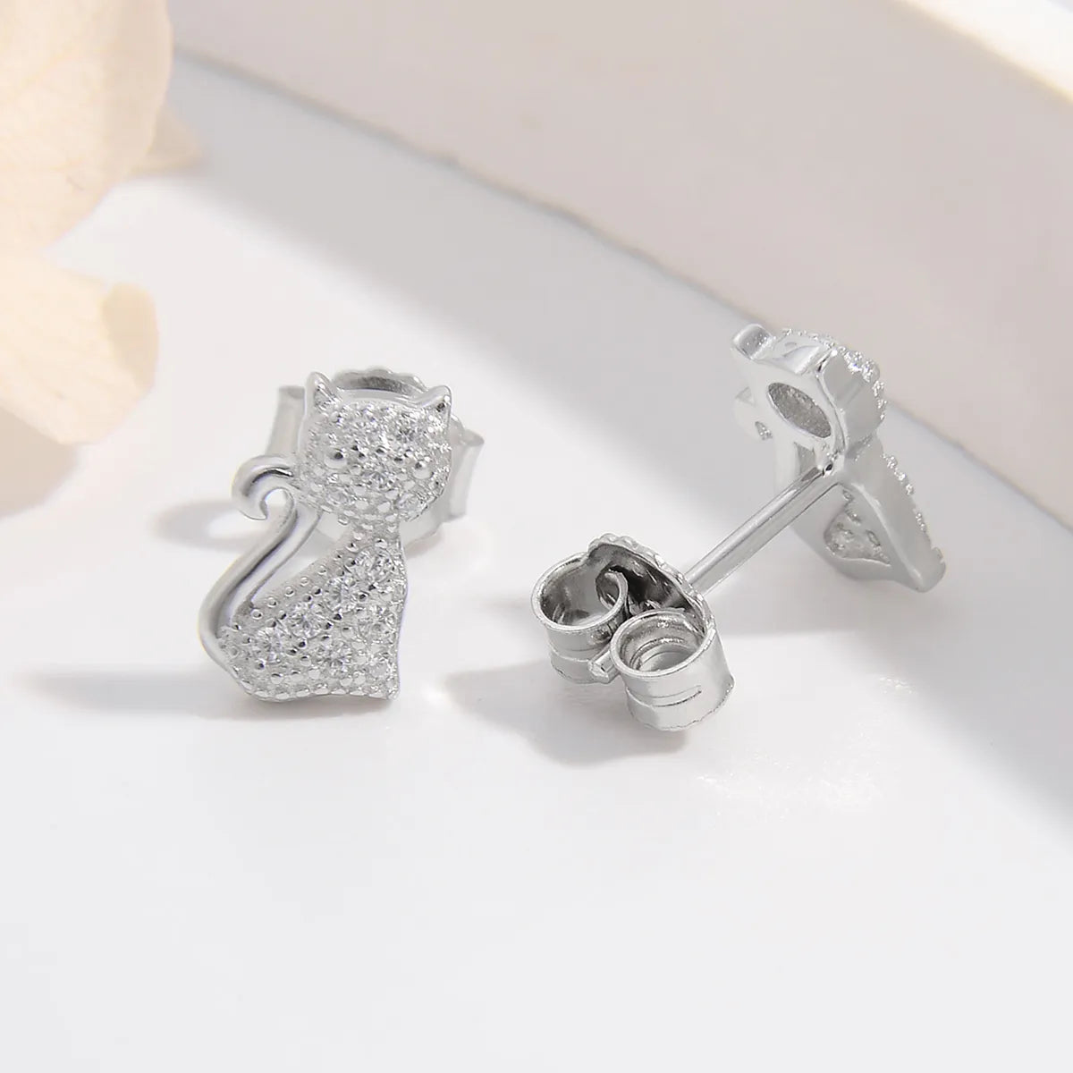 1 Pair Ig Style Elegant Cute Cat Plating Inlay Sterling Silver Zircon White Gold Plated Rhodium Plated Ear Studs