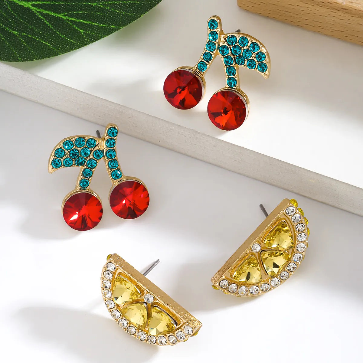 1 Pair IG Style Elegant Cute Lemon Cherry Polishing Inlay Zinc Alloy Rhinestones K Gold Plated Ear Studs