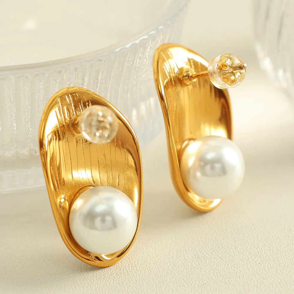 1 Pair IG Style Elegant French Style Geometric Polishing Plating Inlay 304 Stainless Steel Glass Bead 18K Gold Plated Ear Studs