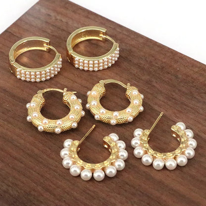 1 Pair Ig Style Elegant Geometric Plating Inlay Copper Artificial Pearls 18k Gold Plated Earrings