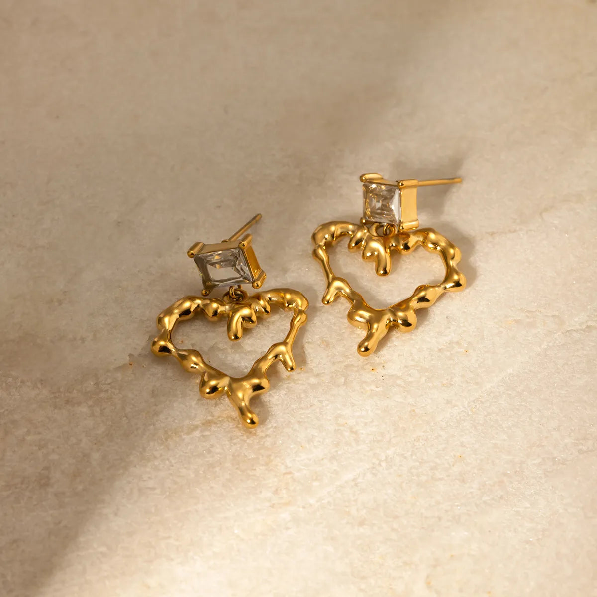 1 Pair IG Style Elegant Heart Shape Inlay Stainless Steel Zircon 18K Gold Plated Drop Earrings