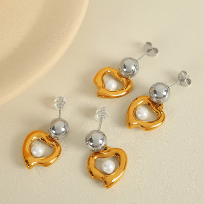 1 Pair IG Style Elegant Retro Heart Shape Polishing Hollow Out Inlay 304 Stainless Steel Glass Bead 18K Gold Plated Drop Earrings