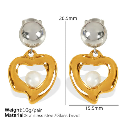 1 Pair IG Style Elegant Retro Heart Shape Polishing Hollow Out Inlay 304 Stainless Steel Glass Bead 18K Gold Plated Drop Earrings