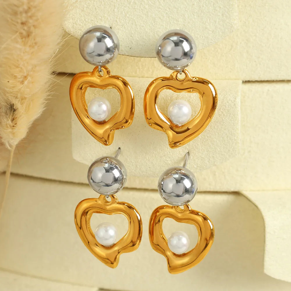 1 Pair IG Style Elegant Retro Heart Shape Polishing Hollow Out Inlay 304 Stainless Steel Glass Bead 18K Gold Plated Drop Earrings