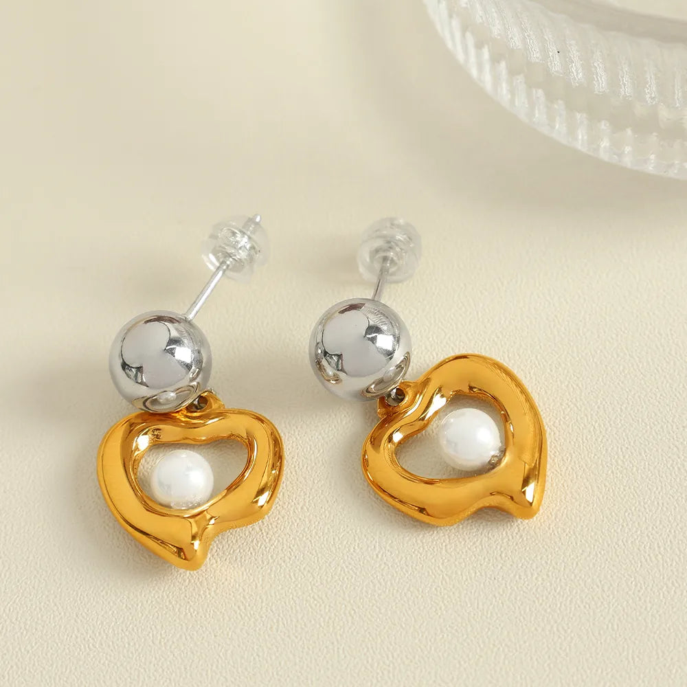 1 Pair IG Style Elegant Retro Heart Shape Polishing Hollow Out Inlay 304 Stainless Steel Glass Bead 18K Gold Plated Drop Earrings