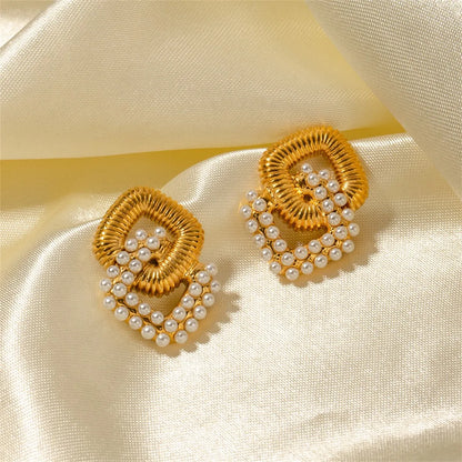 1 Pair IG Style Elegant Rhombus Inlay 304 Stainless Steel Artificial Pearls 18K Gold Plated Drop Earrings