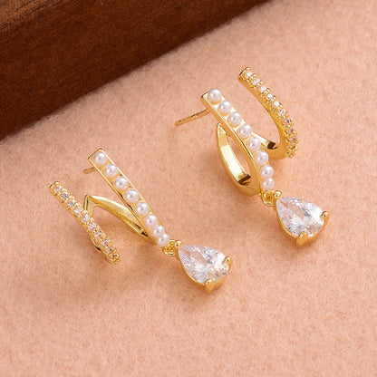 1 Pair Ig Style Elegant Romantic Water Droplets Plating Inlay Copper Artificial Pearls Zircon 14k Gold Plated Drop Earrings