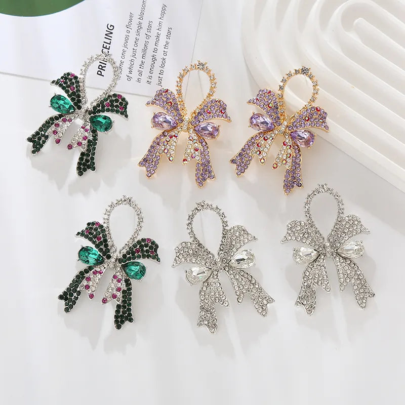 1 Pair IG Style Elegant Shiny Bow Knot Inlay Alloy Rhinestones Glass Drop Earrings