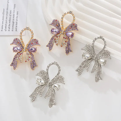 1 Pair IG Style Elegant Shiny Bow Knot Inlay Alloy Rhinestones Glass Drop Earrings