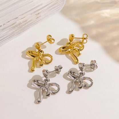 1 Pair IG Style Elegant Simple Style Heart Shape Bow Knot 304 Stainless Steel 14K Gold Plated Drop Earrings