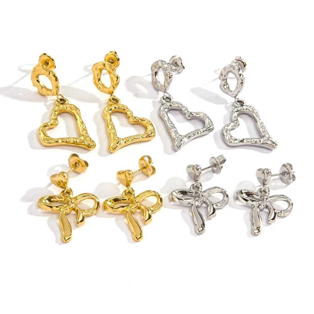 1 Pair IG Style Elegant Simple Style Heart Shape Bow Knot 304 Stainless Steel 14K Gold Plated Drop Earrings