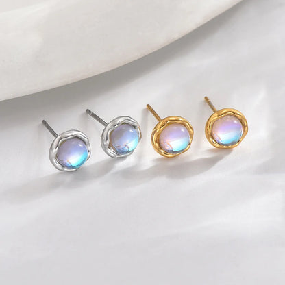 1 Pair IG Style Elegant Simple Style Round Inlay Stainless Steel Moonstone 14K Gold Plated Ear Studs