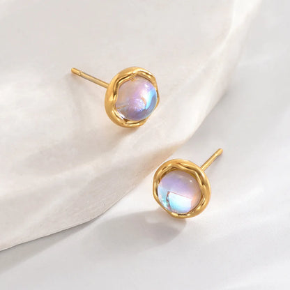 1 Pair IG Style Elegant Simple Style Round Inlay Stainless Steel Moonstone 14K Gold Plated Ear Studs