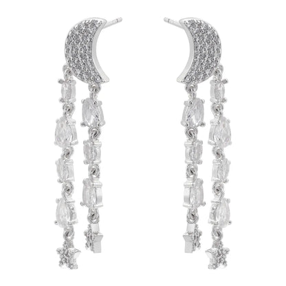 1 Pair Ig Style Elegant Simple Style Star Moon Tassel Plating Inlay Copper Zircon 18k Gold Plated Drop Earrings