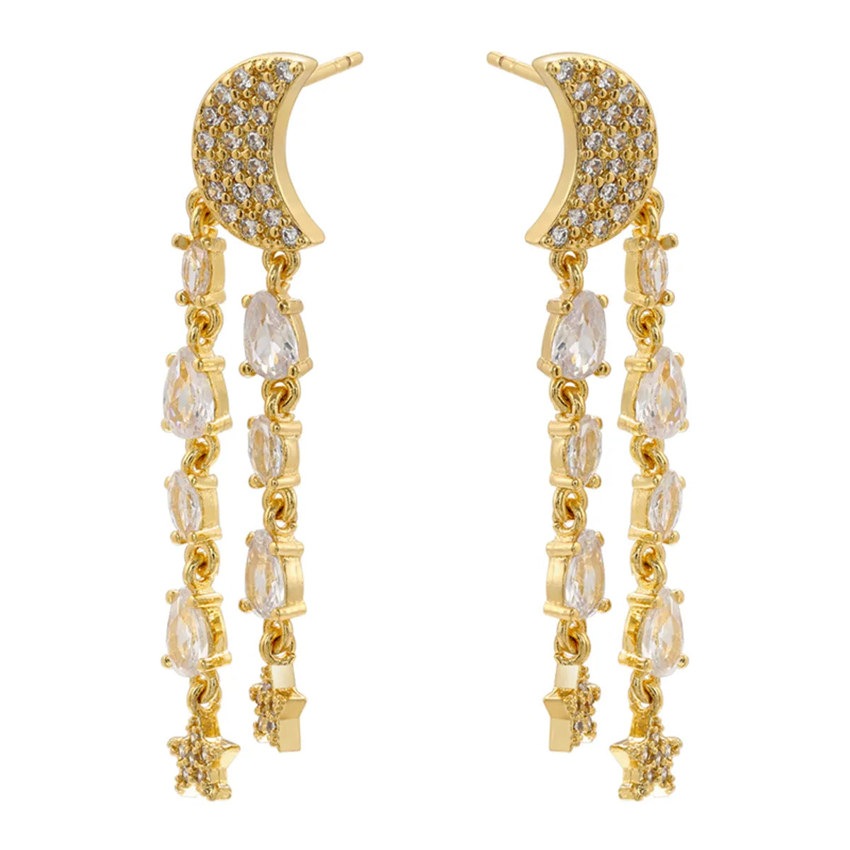 1 Pair Ig Style Elegant Simple Style Star Moon Tassel Plating Inlay Copper Zircon 18k Gold Plated Drop Earrings