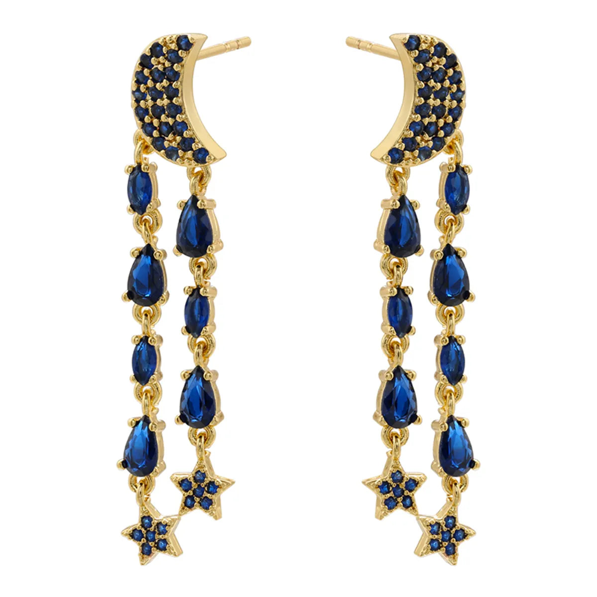 1 Pair Ig Style Elegant Simple Style Star Moon Tassel Plating Inlay Copper Zircon 18k Gold Plated Drop Earrings