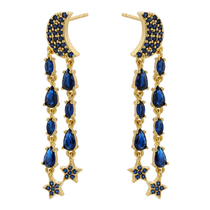 1 Pair Ig Style Elegant Simple Style Star Moon Tassel Plating Inlay Copper Zircon 18k Gold Plated Drop Earrings