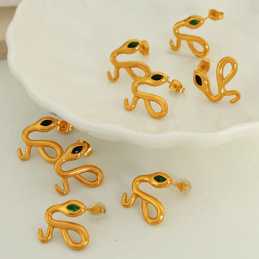 1 Pair IG Style Elegant Snake Polishing Inlay 304 Stainless Steel Rhinestones 18K Gold Plated Ear Studs