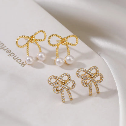 1 Pair IG Style Elegant Sweet Bow Knot Inlay Copper Artificial Pearls Zircon 18K Gold Plated Ear Studs