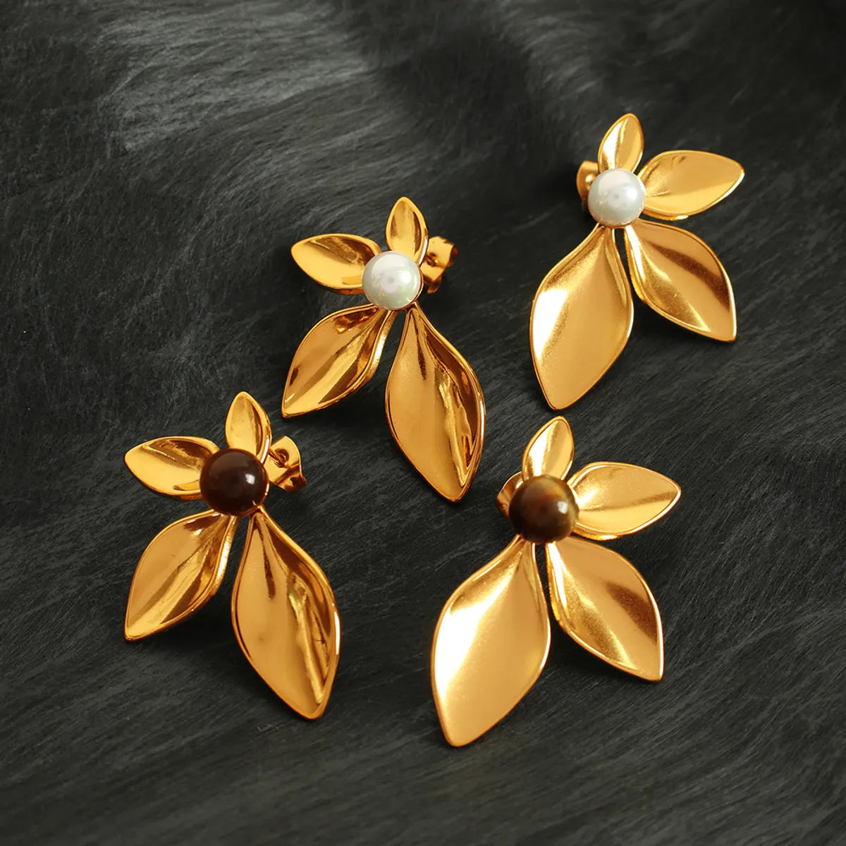 1 Pair IG Style Exaggerated Luxurious Petal Polishing Inlay 304 Stainless Steel Glass Stone Tiger Eye 18K Gold Plated Ear Studs