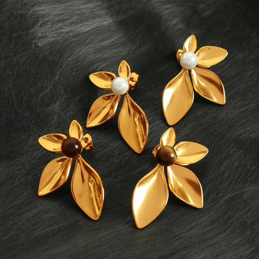 1 Pair IG Style Exaggerated Luxurious Petal Polishing Inlay 304 Stainless Steel Glass Stone Tiger Eye 18K Gold Plated Ear Studs