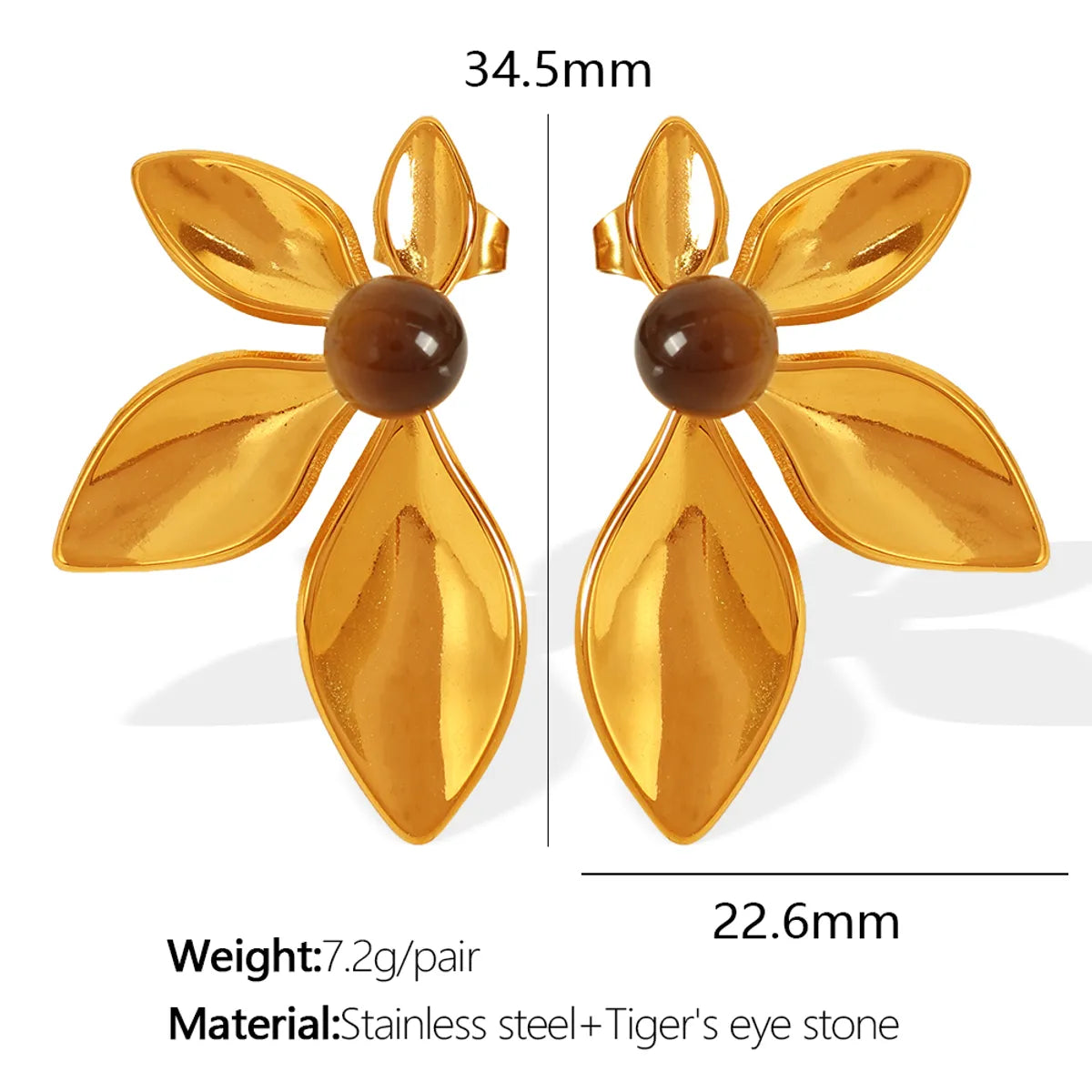 1 Pair IG Style Exaggerated Luxurious Petal Polishing Inlay 304 Stainless Steel Glass Stone Tiger Eye 18K Gold Plated Ear Studs