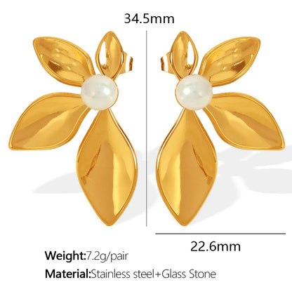 1 Pair IG Style Exaggerated Luxurious Petal Polishing Inlay 304 Stainless Steel Glass Stone Tiger Eye 18K Gold Plated Ear Studs