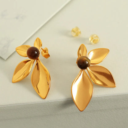 1 Pair IG Style Exaggerated Luxurious Petal Polishing Inlay 304 Stainless Steel Glass Stone Tiger Eye 18K Gold Plated Ear Studs