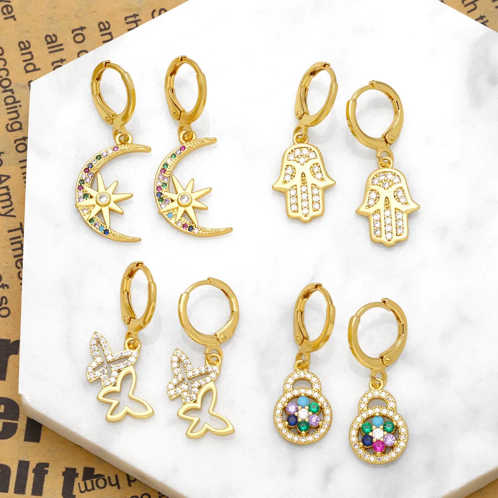 1 Pair Ig Style Fashion Star Moon Butterfly Plating Inlay Copper Zircon 18k Gold Plated Drop Earrings