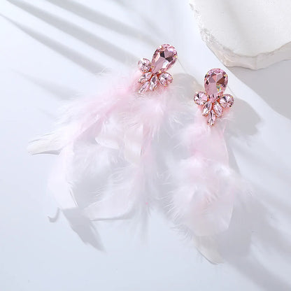 1 Pair Ig Style Feather Inlay Feather Rhinestones Drop Earrings