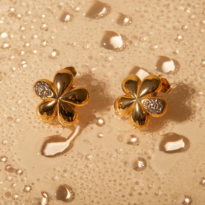 1 Pair IG Style Flower Inlay Stainless Steel Rhinestones 18K Gold Plated Ear Studs