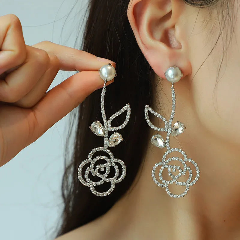 1 Pair IG Style Flower Plating Inlay Copper Rhinestones Drop Earrings