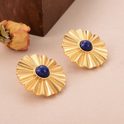 1 Pair Ig Style Flower Pleated Copper Natural Stone 18k Middle Ancient Gold Ear Studs