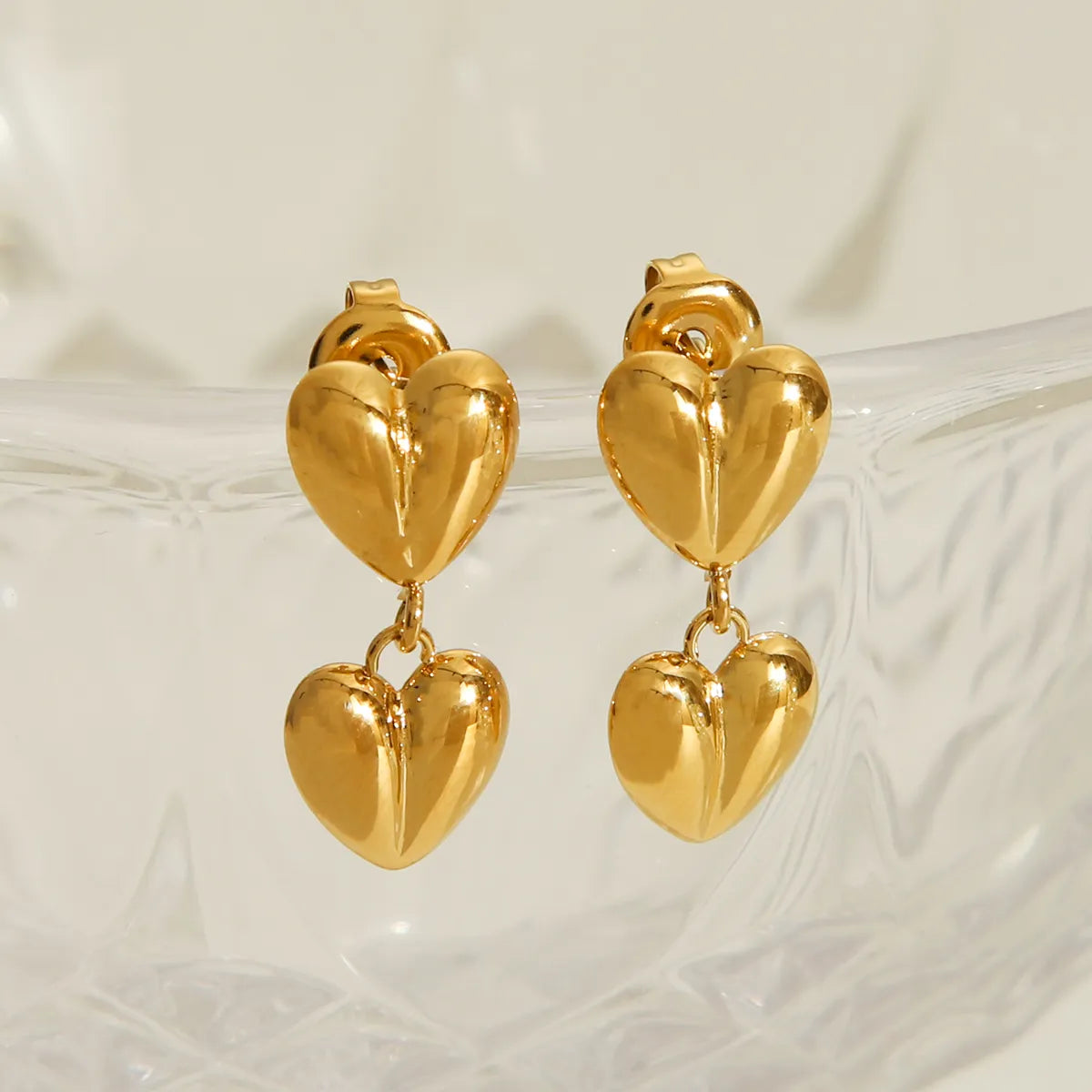 1 Pair IG Style French Style Commute Double Love Solid Color Heart 304 Stainless Steel 14K Gold Plated Drop Earrings