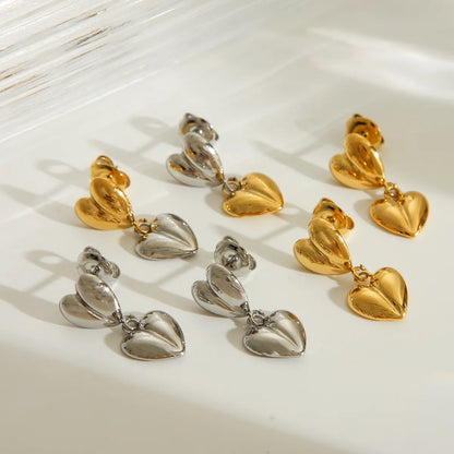 1 Pair IG Style French Style Commute Double Love Solid Color Heart 304 Stainless Steel 14K Gold Plated Drop Earrings