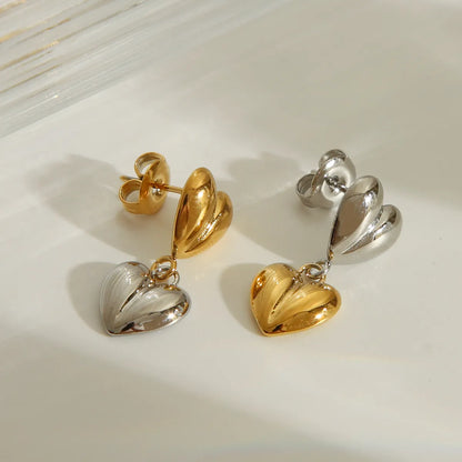 1 Pair IG Style French Style Commute Double Love Solid Color Heart 304 Stainless Steel 14K Gold Plated Drop Earrings