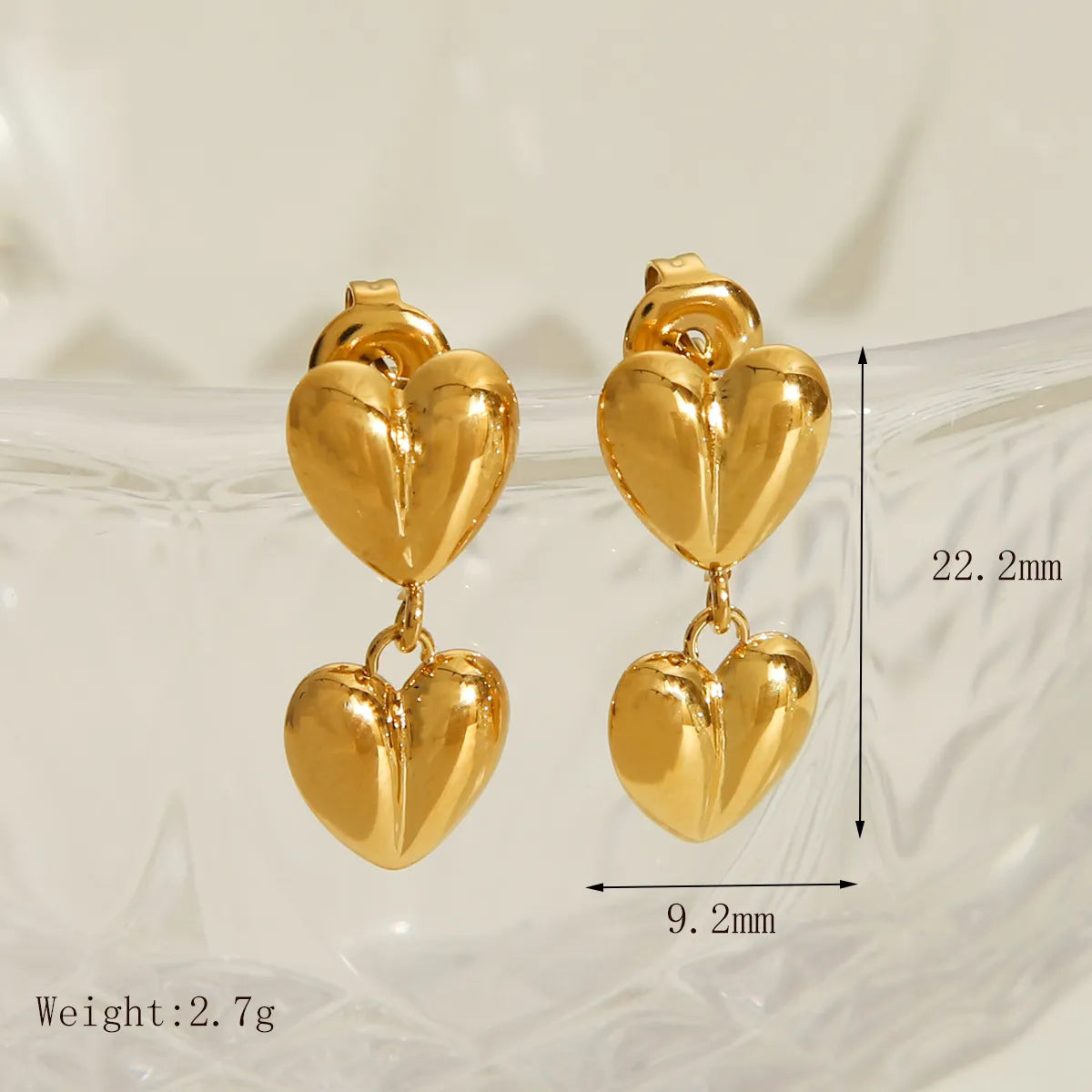 1 Pair IG Style French Style Commute Double Love Solid Color Heart 304 Stainless Steel 14K Gold Plated Drop Earrings